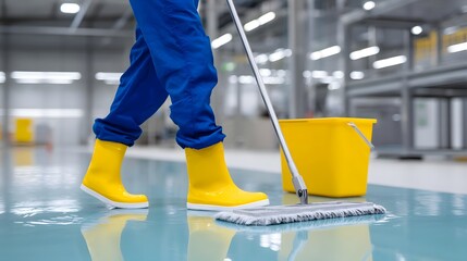 A factory worker wearing a blue uniform and yellow boots is carefully mopping an epoxy-coated industrial floor, ensuring proper hygiene and cleanliness during the production process.