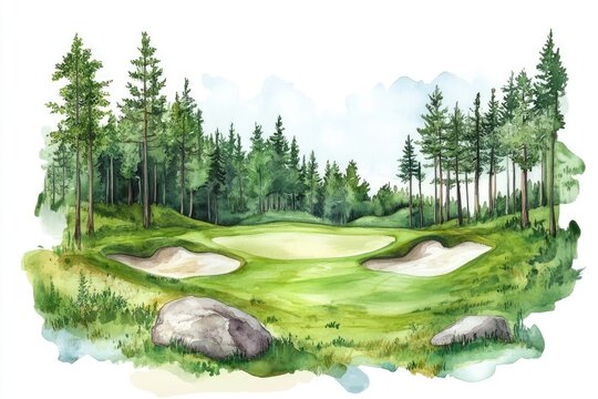 Watercolor golf course scene. Lush green fairways and sand bunkers amidst a dense pine forest.  Soft, diffused light casts gentle shadows