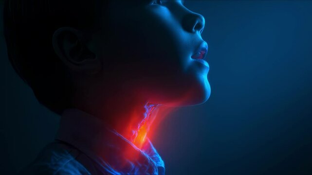 Medical visualization highlighting a child swallowing a glowing object, causing a blockage in their esophagus, emphasizing potential choking hazards and the importance of child safety