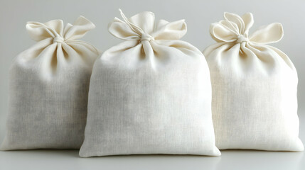 Cream-Colored Fabric Bags: Realistic Product Photo of Three Muslin Drawstring Pouches