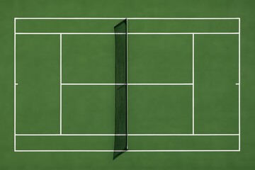 Overhead View of a Tennis Court Green Surface, Net, and Court Markings