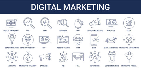 Digital Marketing icon set with SEO, SEM, PPC, SMM, CTA, marketing funnel, and marketing automation icon