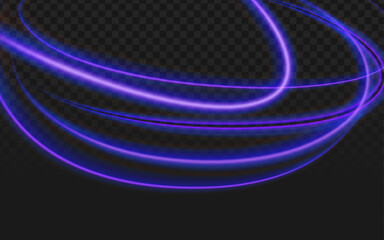 Dynamic purple and blue glowing light trails swirling across a dark, transparent background, creating an abstract and futuristic motion effect with luminous energy.