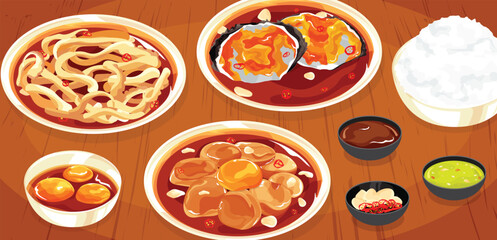 Assortment of delicious Asian pickled and marinated dishes vector illustration. Featuring marinated squid, crab, and egg yolks with rice and dipping sauces. Ideal for Asian food menus and culinary des