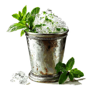 Mint Julep cocktail in metal cup with crushed ice and mint sprig garnish vector isolated on a white background