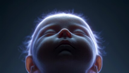 Medical visualization of a newborn baby blinking in a bright room with a glowing aura surrounding its head, suggesting a peaceful and healthy state - Powered by Adobe