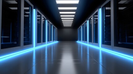 Sleek and modern server room with a long, dimly lit corridor featuring rows of networking equipment and glowing blue neon lights.