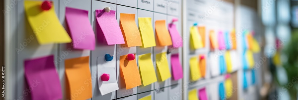 Poster OKR Planning Board With Colorful Sticky Notes for Project Management in a Collaborative Workspace