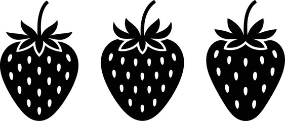 Three black strawberry icons with white background in a row in a simple and minimal style