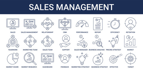 Sales Management icon set with CRM, marketing team, sales team, effective and efficiency icon 