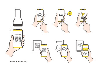 スマートフォンでのQRコード決済と非接触支払いのアイコンセット（ベクター）
