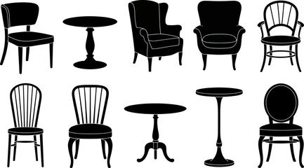 Silhouette illustration of various chairs and tables on a white background in a vector format