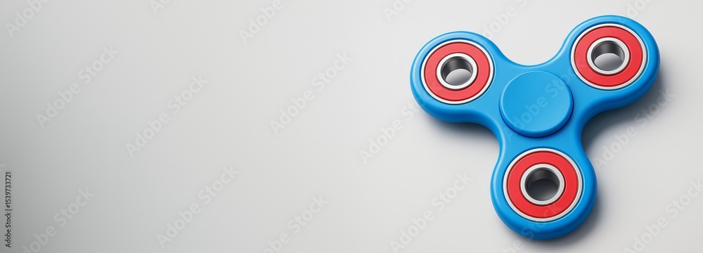 Poster Blue fidget spinner with red bearings on clean white background with empty copyspace on left side for hobby or relaxation concept design template.