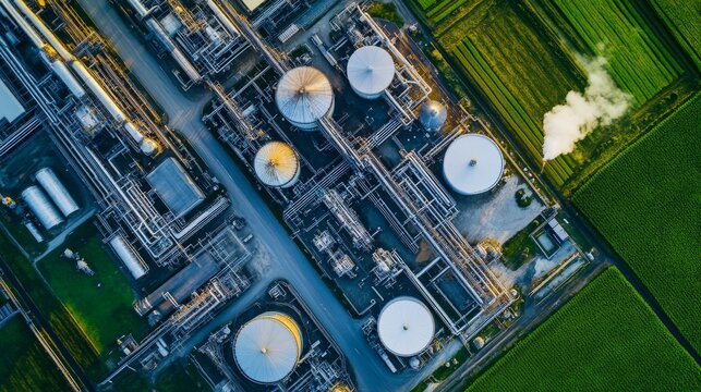 Aerial view of modern biofuel production factory--green energy and innovation. 