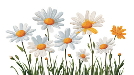 A digital painting or illustration depicts a cluster of daisies and green grass against a white background. The daisies are predominantly white with bright yellow centers.  