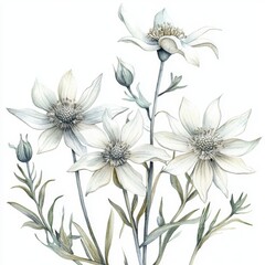 Watercolor Painting of White and Grey Flowers with Green Leaves on White Background