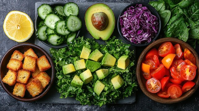 Overhead shot of various healthy salad ingredients arranged on a dark surface chopped cucumbers, avocado, red cabbage, spinach, cherry tomatoes, croutons, and kale, ready for assembly