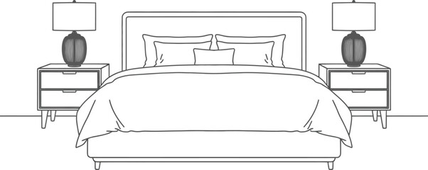 A bedroom illustration showing a bed with pillows and two nightstands with lamps on each side wall