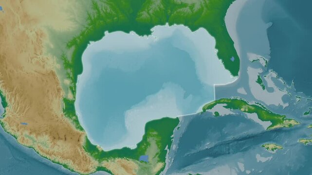 Gulf of Mexico or  Gulf of America. Close-up on a colored elevation map