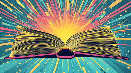 Open book with exploding rays in pop art style