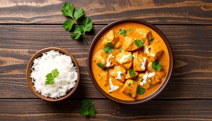 Butter chicken curry featuring tender chicken breast pieces simmered in a creamy, buttery tomato-based sauce with a hint of honey. Garnished with fresh coriander and a swirl of cream, served in a bowl