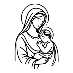 Line art of Virgin Mary holding her baby logo vector