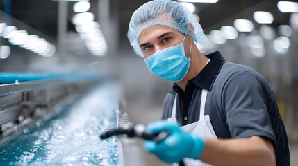 Factory worker wearing protective gear cleaning and disinfecting industrial production line conveyor belts using high-pressure water hose to maintain hygiene and safety