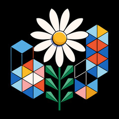 Black background showcasing brutalist floral designs with geometric daisy, AI Generated 