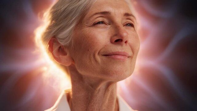 Elderly woman experiencing hormonal feedback through glowing energy waves, visualizing menopause process and representing female healthcare concept