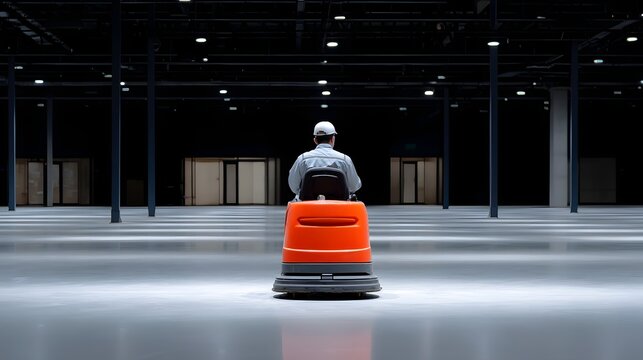 A janitor uses a large industrial floor scrubber to clean the polished concrete floor of an empty, dimly lit warehouse or storage facility.