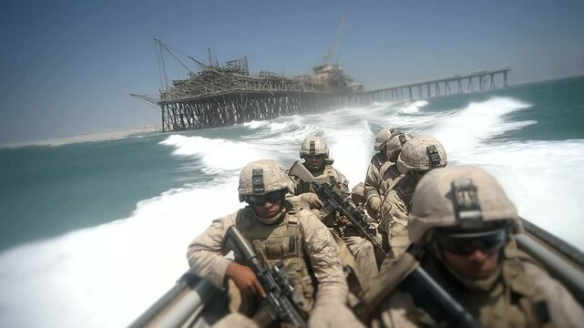 Marines approach an abandoned pier with a machine gunner on board