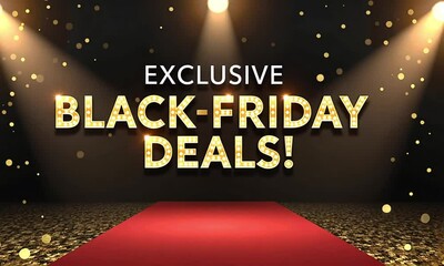 Elegant black-and-gold gala theme with 'EXCLUSIVE BLACK FRIDAY DEALS!' in bold typography with spotlights - Powered by Adobe