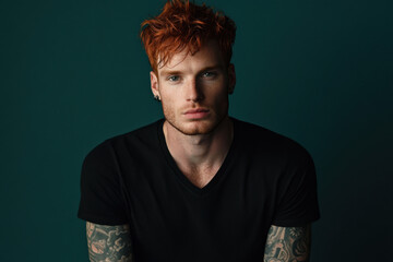 Naklejka premium Portrait of serious young male model with tattoo and red hair posing in studio