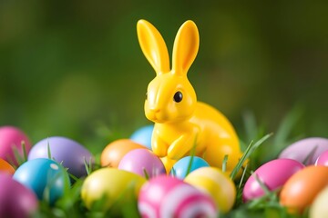 3D-rendered yellow Easter bunny figurine with vibrant colorful eggs on lush green grass, capturing festive springtime celebration, joy, and holiday decoration concept