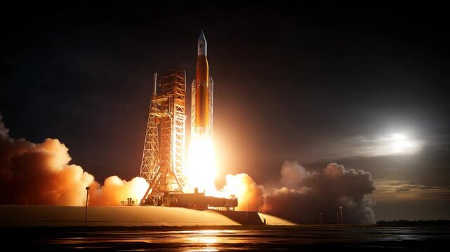 A powerful rocket roars skyward igniting the darkness with a brilliant display of fire and smoke a symbol of humanity ambition and exploration in the vast expanse of space. 