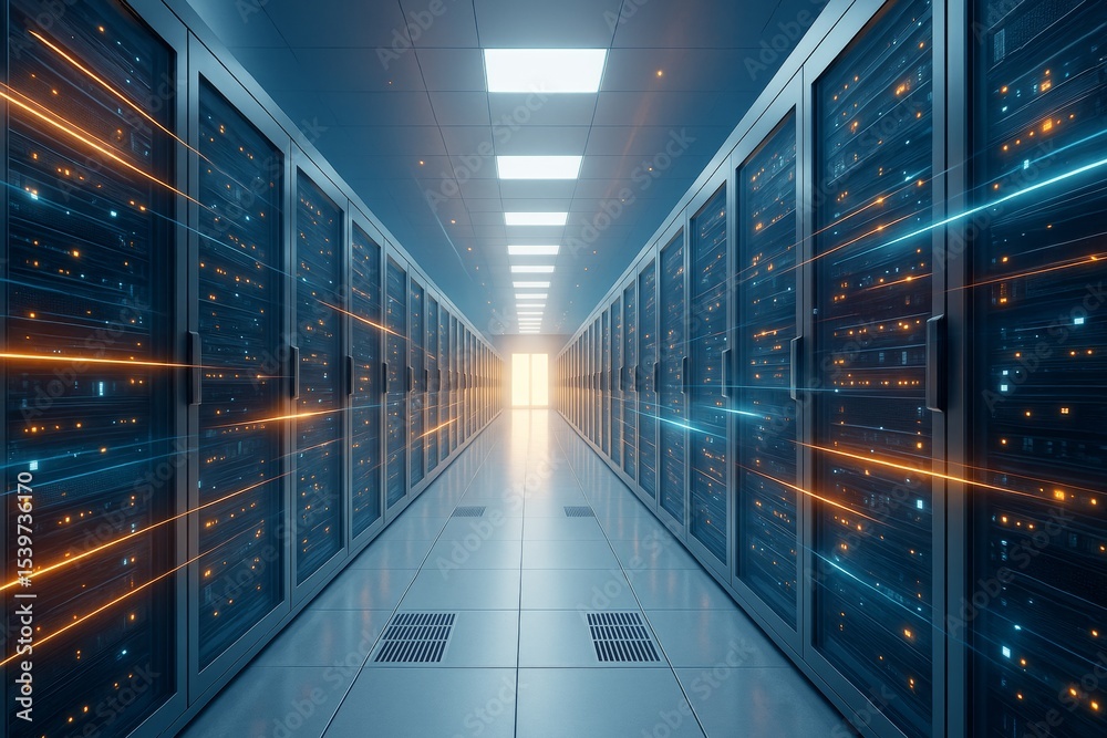 Poster High-tech data center corridor with glowing servers and dynamic light trails in futuristic industry concept background. Ai generative.