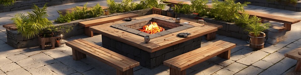 A cozy outdoor space with a fire pit surrounded by wooden benches and lush green plants around it