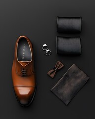 Shoe, tie, and cufflinks are displayed on a table