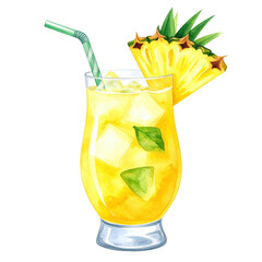 A vibrant watercolor illustration of a tropical pineapple cocktail with ice cubes, fresh mint leaves, and a pineapple wedge, perfect for summer menus or drink promotions.