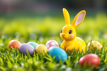 3D-rendered yellow Easter bunny figurine with vibrant colorful eggs on lush green grass, capturing festive springtime celebration, joy, and holiday decoration concept
