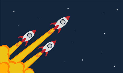 Rocket missile warhead launch frying with sky in war flat vector design.