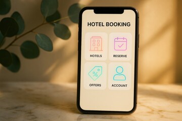 Mobile phone displaying hotel booking app interface on marble counter