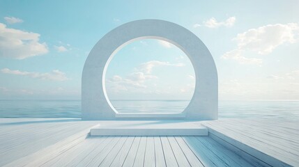 Fototapeta premium A serene, minimalist archway structure overlooking a calm sea.