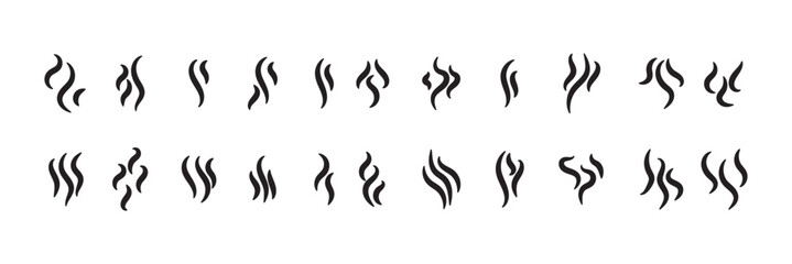 Smoke steam icon vector logo set. Smoke smell, steam aroma heat icon illustration. Hot vapor fire doodle line logo. Hit stink, coffee, fragrance flame elements. Vector illustration.