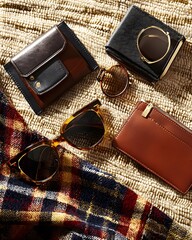Collection of leather goods including wallets, sunglasses, and handbags