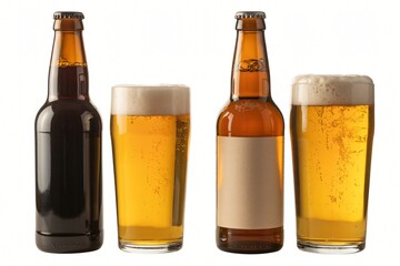 Bottles and glasses of beer are presented, showcasing different types and colors of the beverage. 
