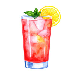 A vibrant watercolor illustration of a refreshing red beverage with ice, garnished with a lemon slice and fresh mint leaves, perfect for summer.