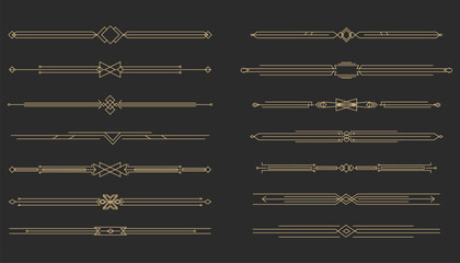 Art deco golden retro divider, border. Line frame vintage geometry gold elegant decoration. Set ornate decor elements.