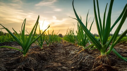 Sunset onion farming in fields