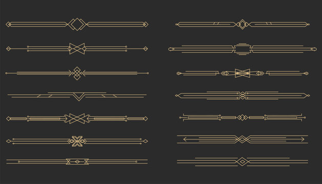 Art deco golden retro divider, border. Line frame vintage geometry gold elegant decoration. Set ornate decor elements.